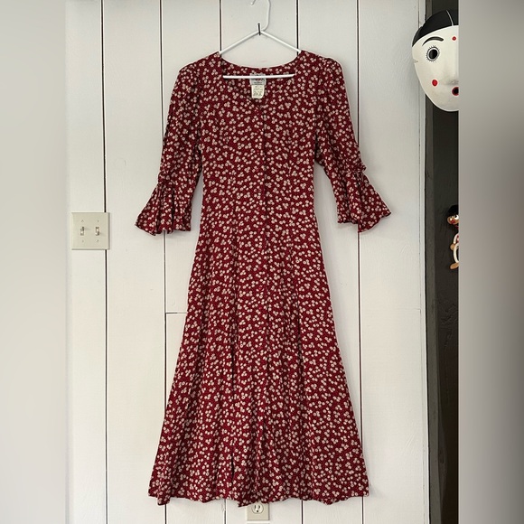 VTG Lanz Originals Dainty Floral Corset Maxi Dress Sz 12 Burgundy Cream - Picture 2 of 14